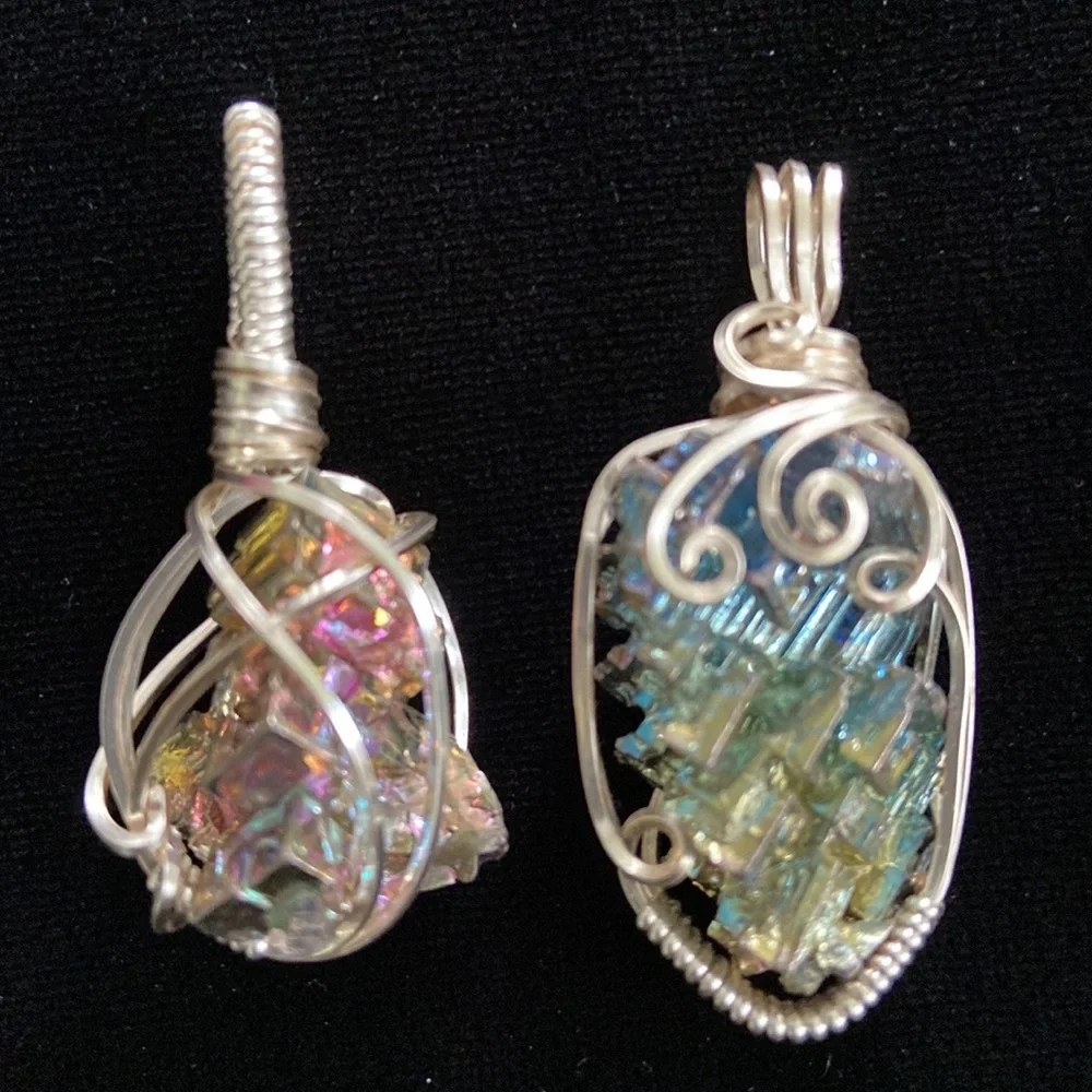 Artist Silver Wire cage wrapped pendant rainbow iridescent geometric bismuth